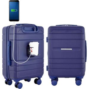 French Connection St. Martin Carry-On Luggage with Cup Holder/USB Ports, Stormy Blue(Blue Depths)