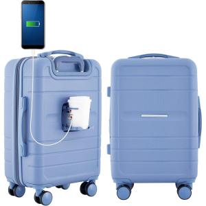 French Connection St. Martin Carry-On Luggage with Cup Holder/USB Ports, Stormy Blue(Stormy Blue)